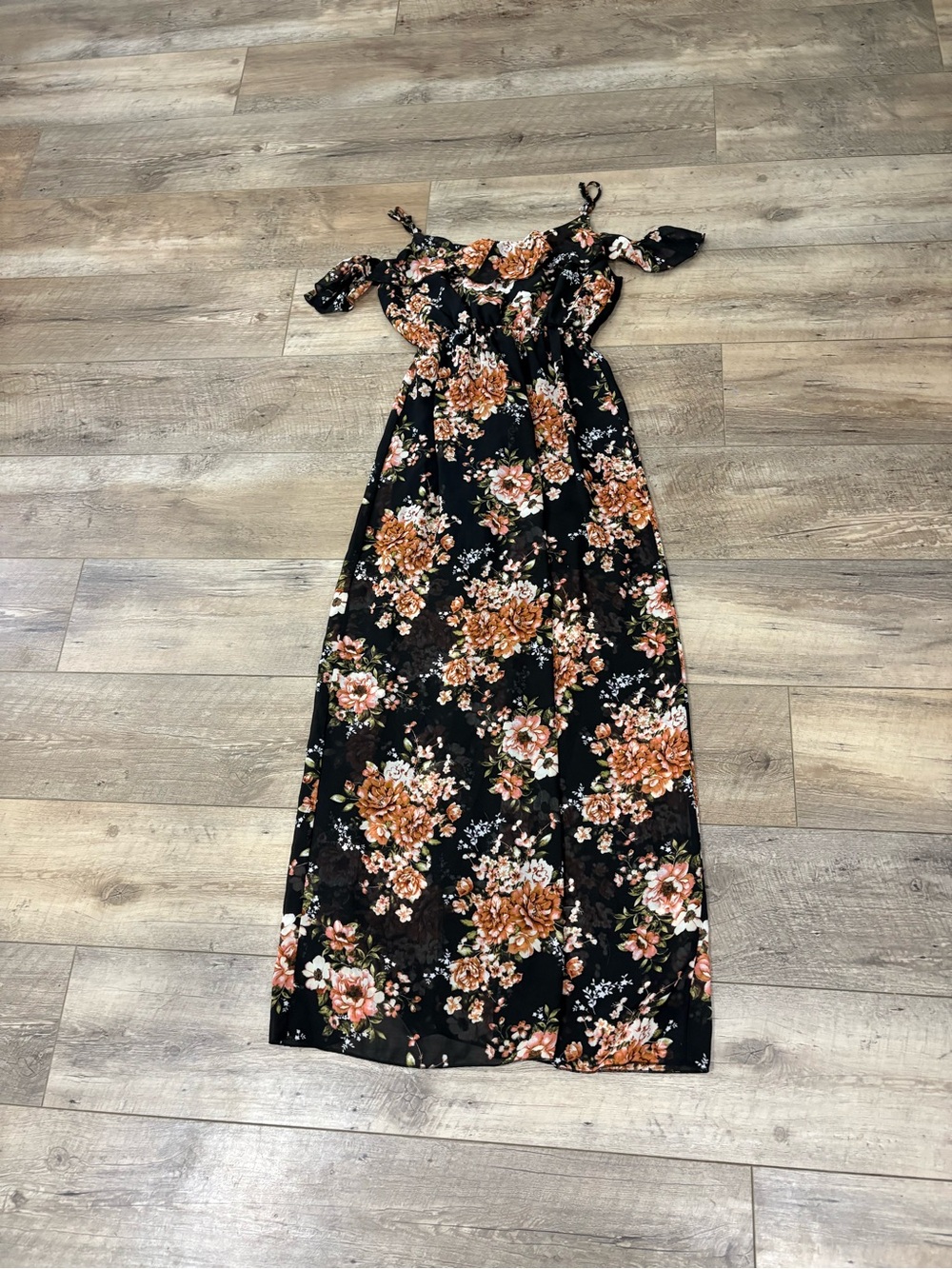Mind Code Black Floral Off-Shoulder Maxi Dress with Brown & Pink Blooms
